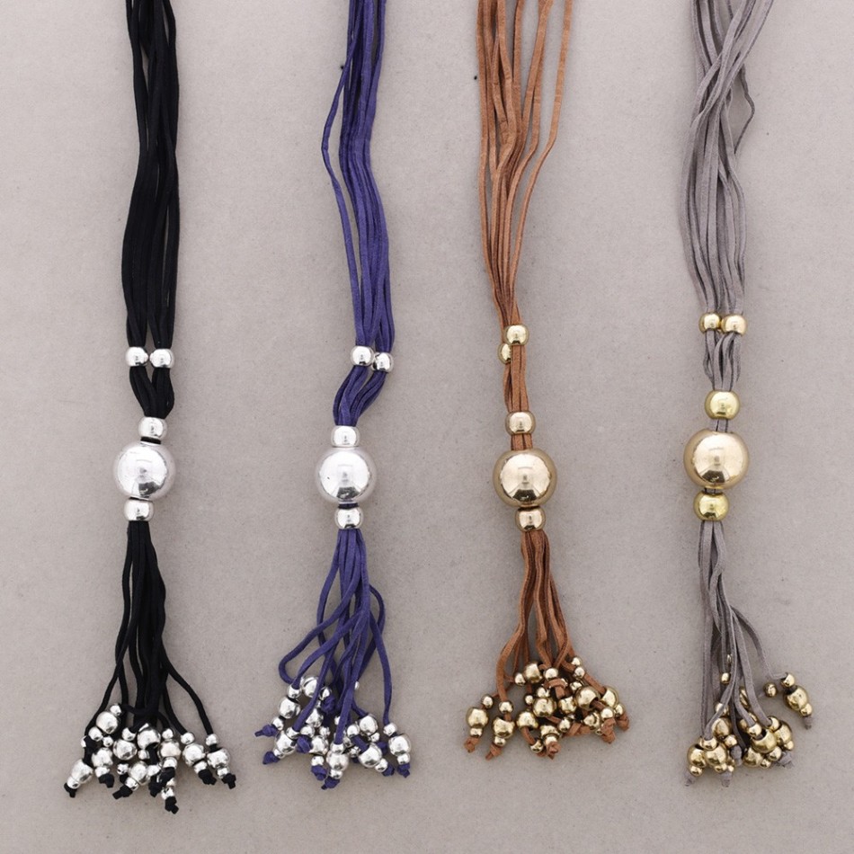 LONG SUEDE NECKLACE WITH METAL BEADS
