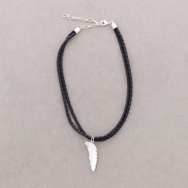 DOUBLE BRAIDED LEATHER CHOKER STONE FEATHER METAL