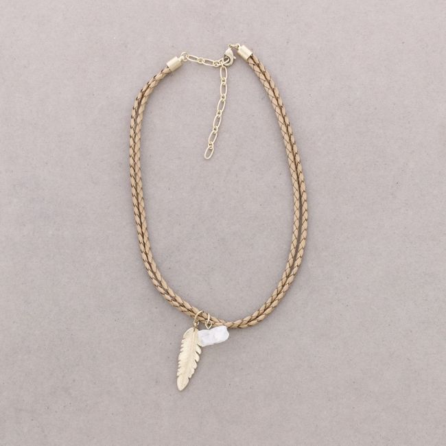 DOUBLE BRAIDED LEATHER CHOKER STONE FEATHER METAL