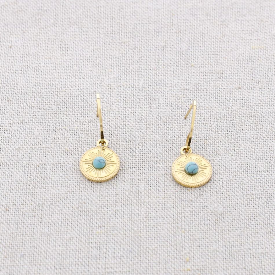 STEEL HOOP EARRINGS PENDANT STONE MEDAL
