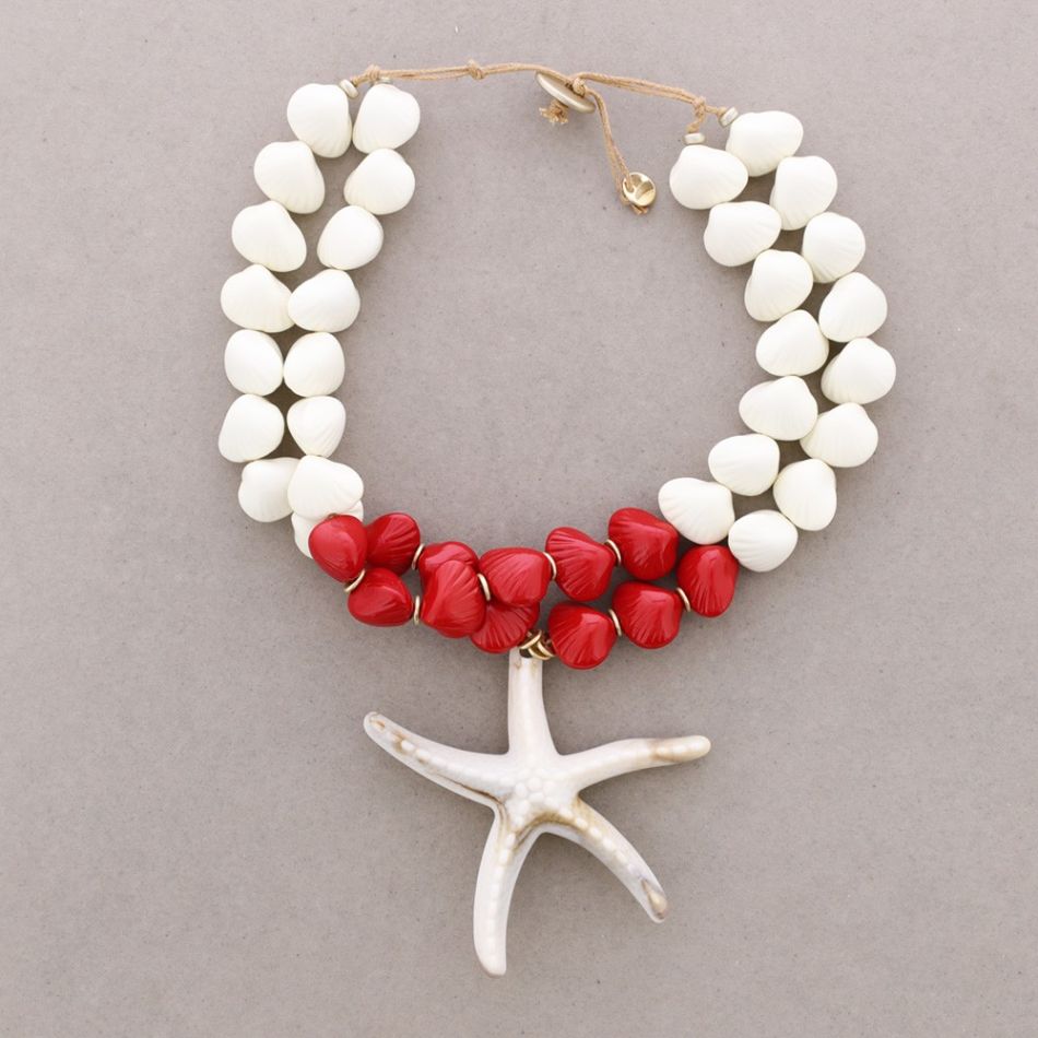 DOUBLE BEAD NECKLACE WITH RESIN STARFISH PENDANT