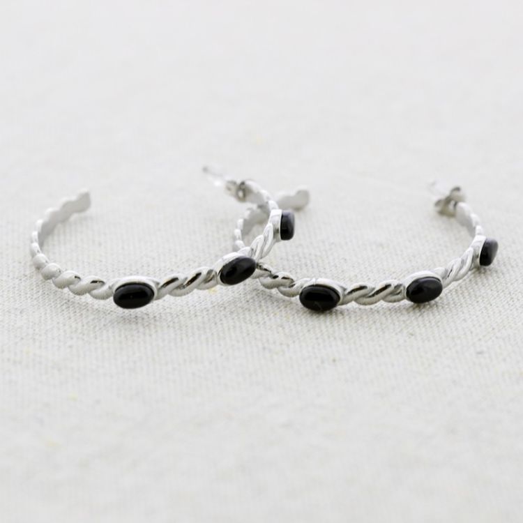 STONE HOOP STEEL EARRINGS