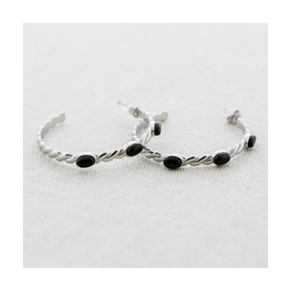 STONE HOOP STEEL EARRINGS