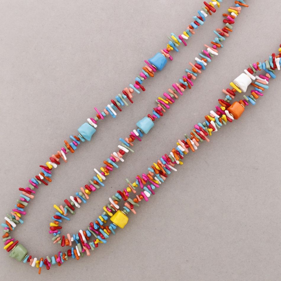 LONG DOUBLE CORAL RESIN BEAD NECKLACE