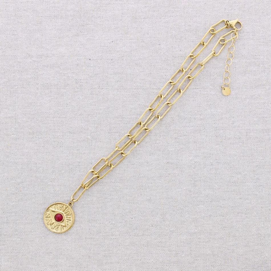 STEEL CHOKER WITH LINK AND TURKISH EYE PENDANT AND STONE