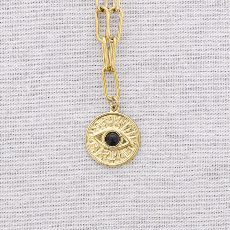 STEEL CHOKER WITH LINK AND TURKISH EYE PENDANT AND STONE