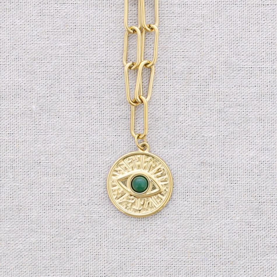 STEEL CHOKER WITH LINK AND TURKISH EYE PENDANT AND STONE