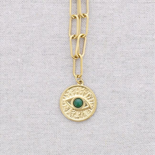 STEEL CHOKER WITH LINK AND TURKISH EYE PENDANT AND STONE