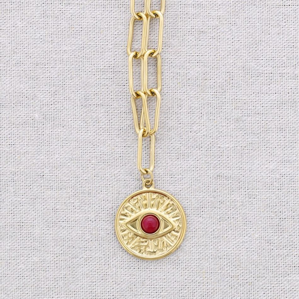 STEEL CHOKER WITH LINK AND TURKISH EYE PENDANT AND STONE