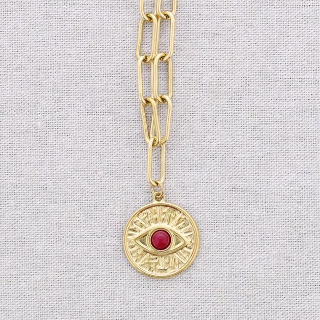 STEEL CHOKER WITH LINK AND TURKISH EYE PENDANT AND STONE