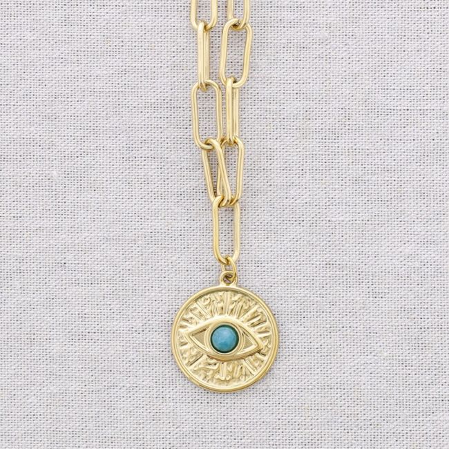 STEEL CHOKER WITH LINK AND TURKISH EYE PENDANT AND STONE