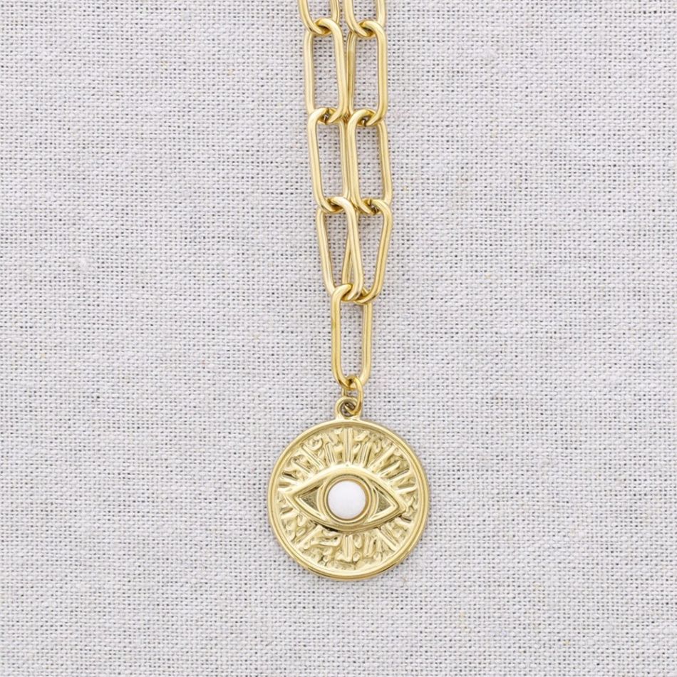 STEEL CHOKER WITH LINK AND TURKISH EYE PENDANT AND STONE