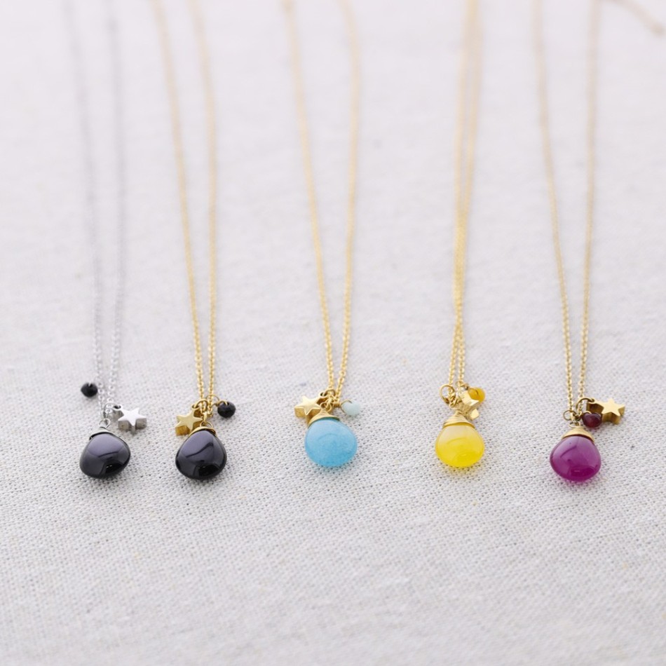 STEEL SHORT NECKLACE STONE DROP STAR PENDANT