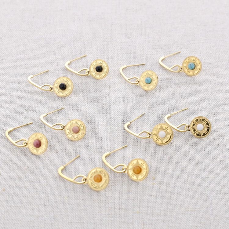 STEEL HOOP EARRINGS PENDANT STONE MEDAL 2