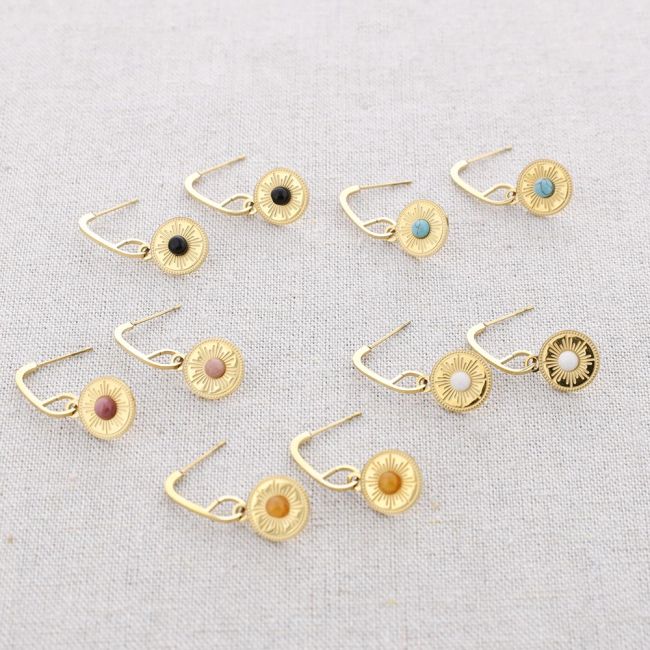 STEEL HOOP EARRINGS PENDANT STONE MEDAL