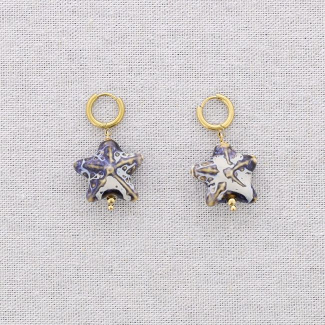 PENDIENTES ACERO ARO COLGANTE ESTRELLA DEL MAR CERÁMICA