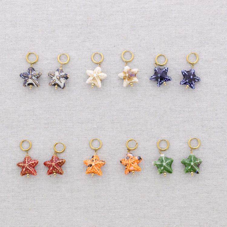 STEEL EARRINGS HOOP DANGLE STARFISH CERAMIC 2