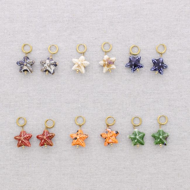 PENDIENTES ACERO ARO COLGANTE ESTRELLA DEL MAR CERÁMICA