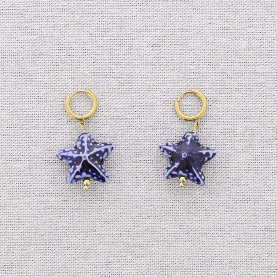 PENDIENTES ACERO ARO COLGANTE ESTRELLA DEL MAR CERÁMICA
