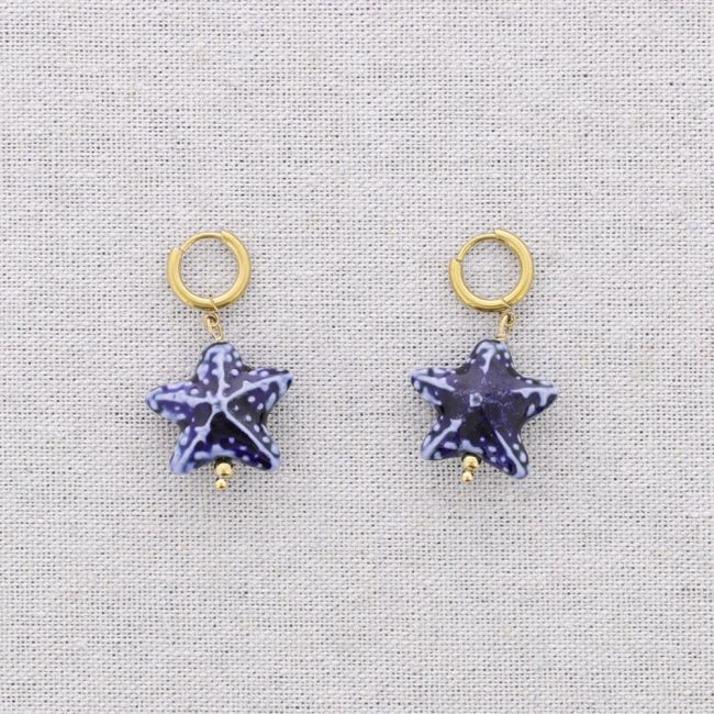 PENDIENTES ACERO ARO COLGANTE ESTRELLA DEL MAR CERÁMICA