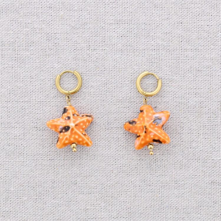 STEEL EARRINGS HOOP DANGLE STARFISH CERAMIC