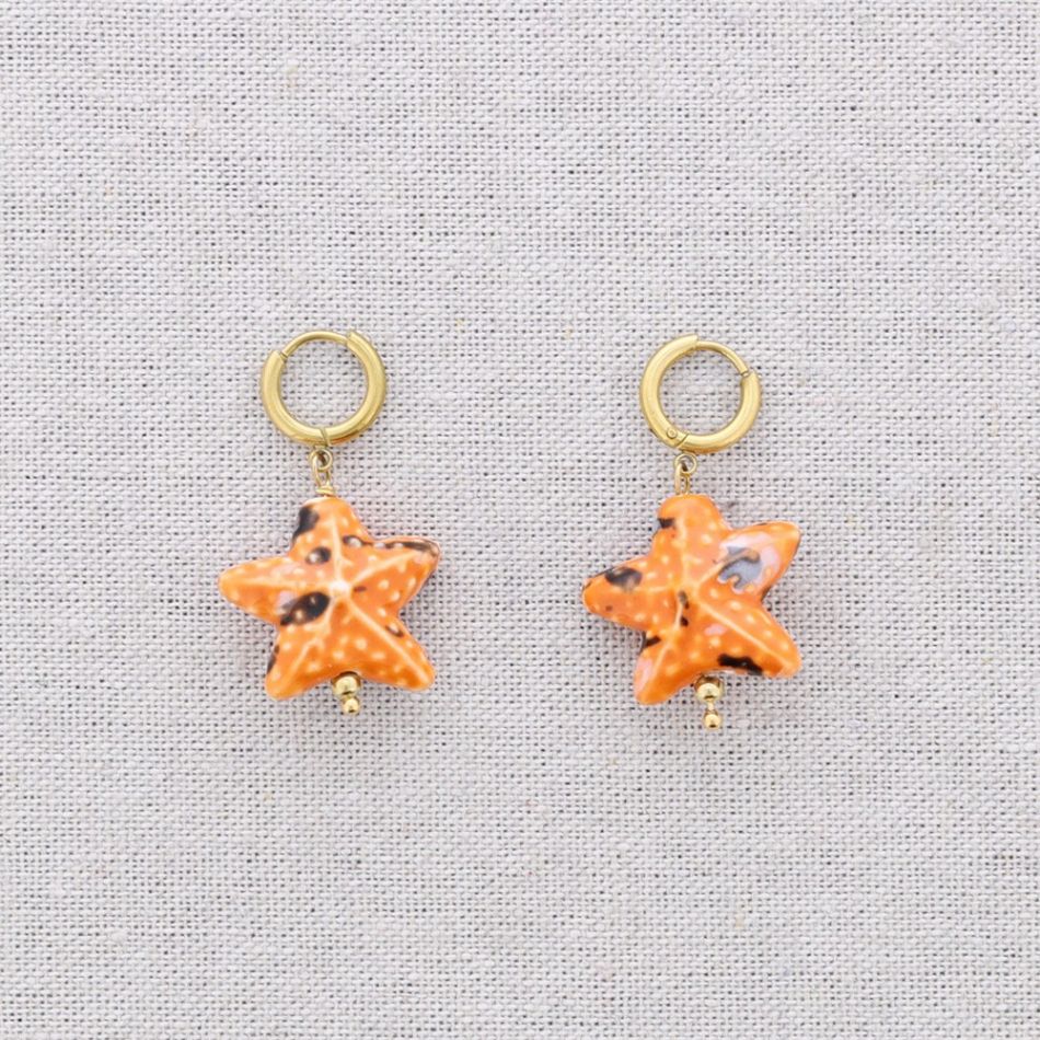 PENDIENTES ACERO ARO COLGANTE ESTRELLA DEL MAR CERÁMICA