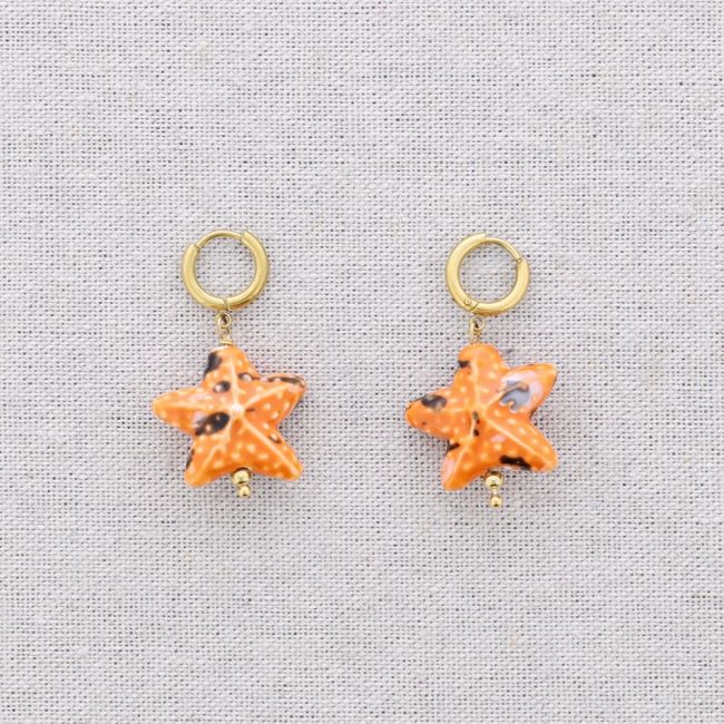 PENDIENTES ACERO ARO COLGANTE ESTRELLA DEL MAR CERÁMICA
