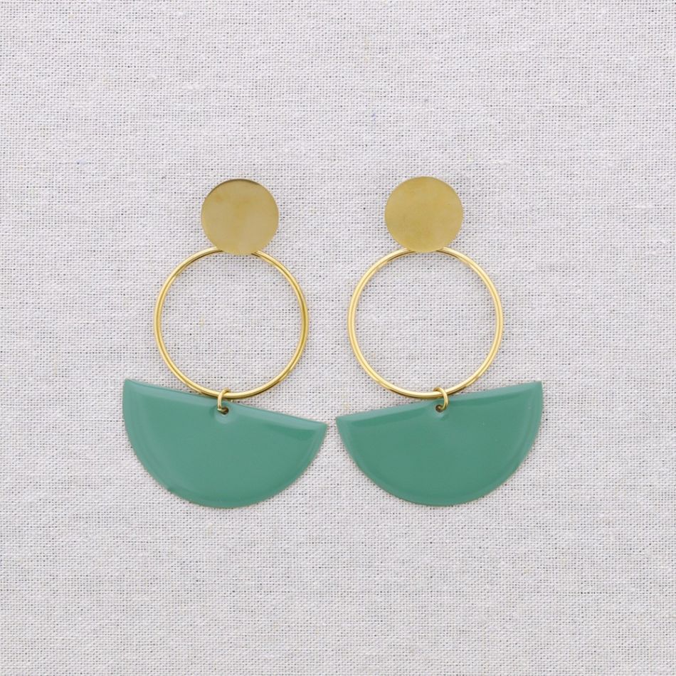 STEEL EARRINGS WITH SEMICIRCLE ENAMEL RING PENDANT