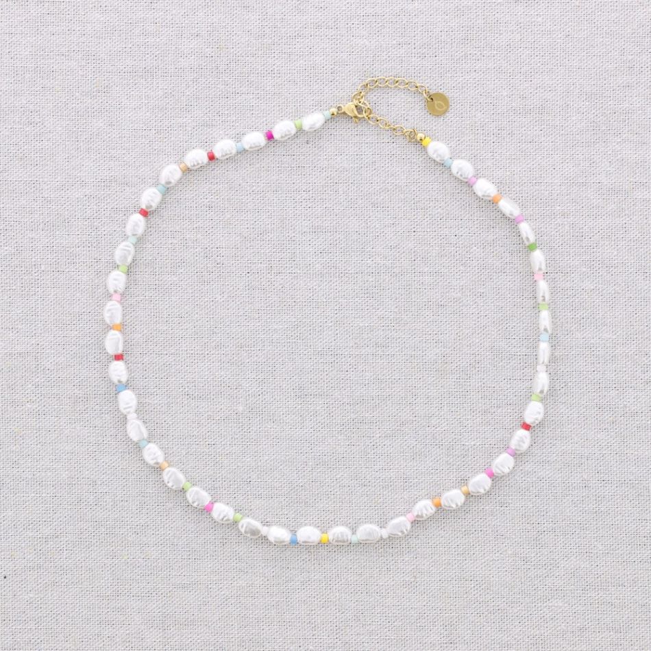 STEEL NECKLACE WITH IMITATION PEARL BEADS