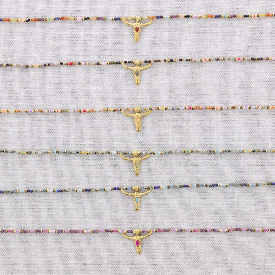 STEEL BEADS AND STONES BULL PENDANT CHOKER