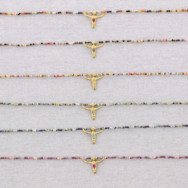 STEEL BEADS AND STONES BULL PENDANT CHOKER