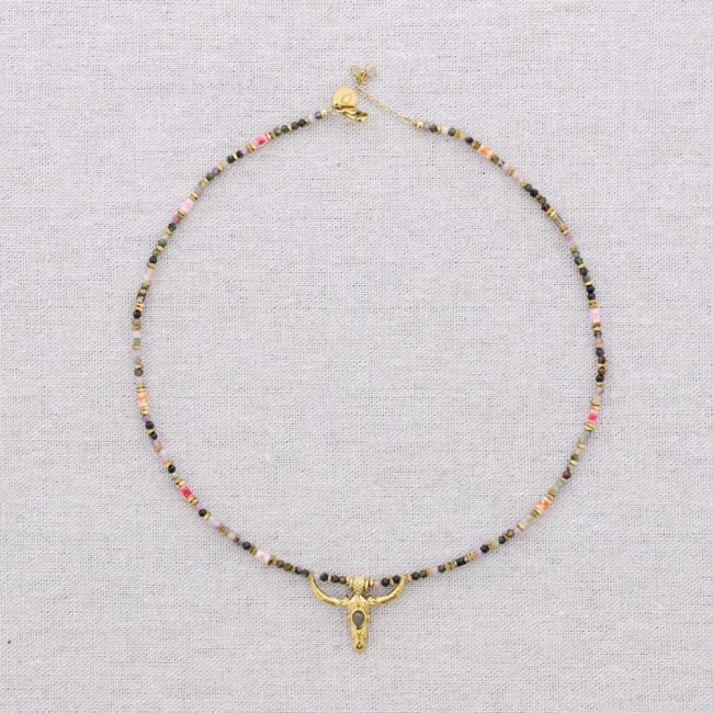 STEEL BEADS AND STONES BULL PENDANT CHOKER