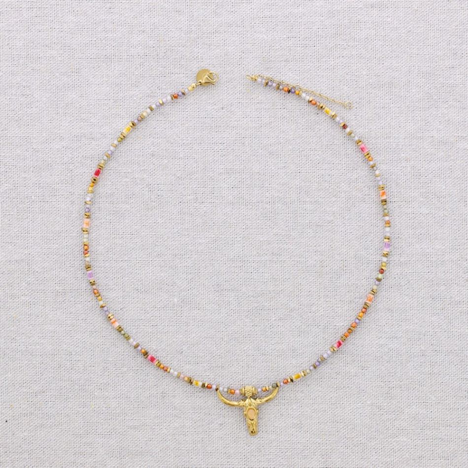 STEEL BEADS AND STONES BULL PENDANT CHOKER