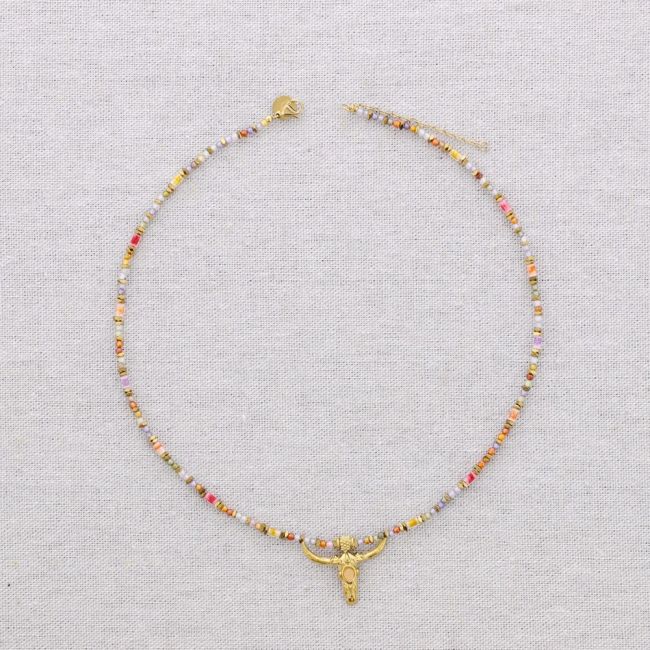 STEEL BEADS AND STONES BULL PENDANT CHOKER