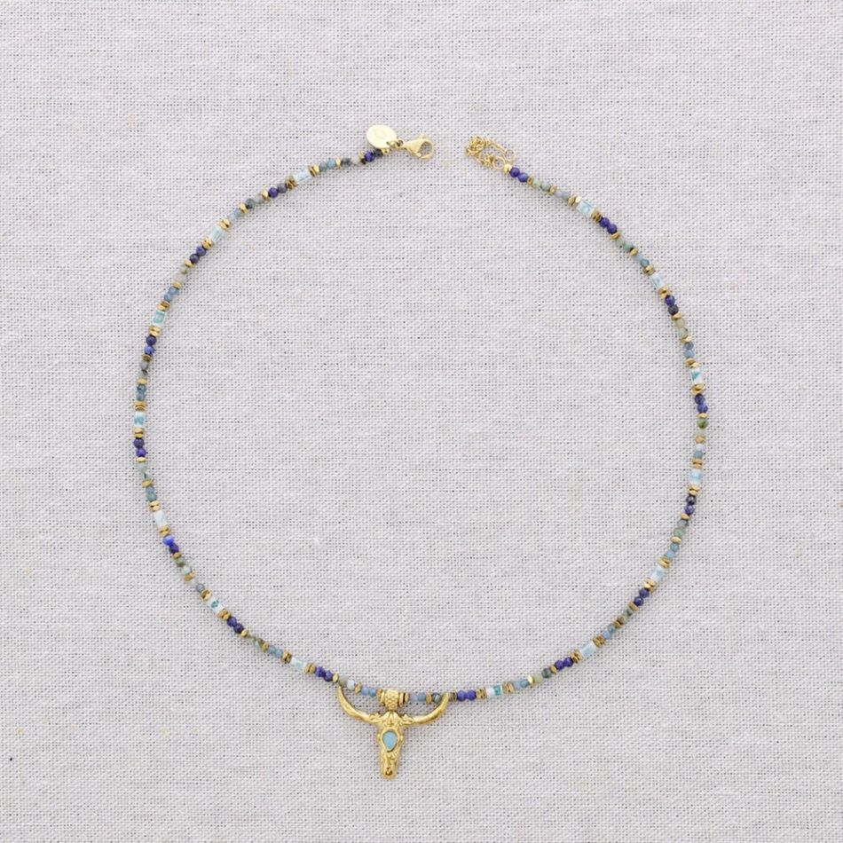 STEEL BEADS AND STONES BULL PENDANT CHOKER