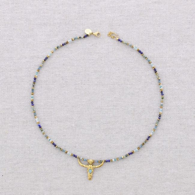 STEEL BEADS AND STONES BULL PENDANT CHOKER