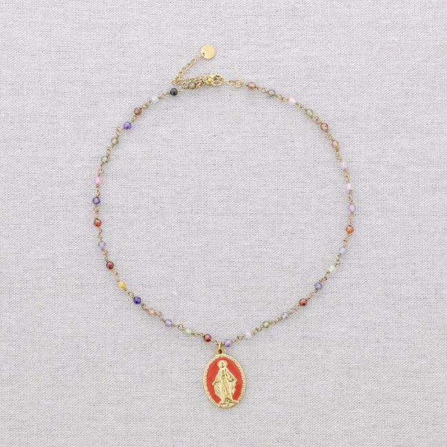 GARGANTILLA ACERO CUENTAS PIEDRAS COLGANTE VIRGEN ESMALTE