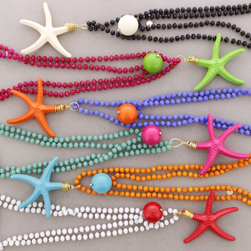 COLLAR LARGO CUENTAS CRISTALES FACETADOS COLGANTE ESTRELLA DEL MAR RESINA 8MM 120CM