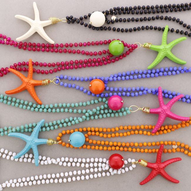 COLLAR LARGO CUENTAS CRISTALES FACETADOS COLGANTE ESTRELLA DEL MAR RESINA 8MM 120CM