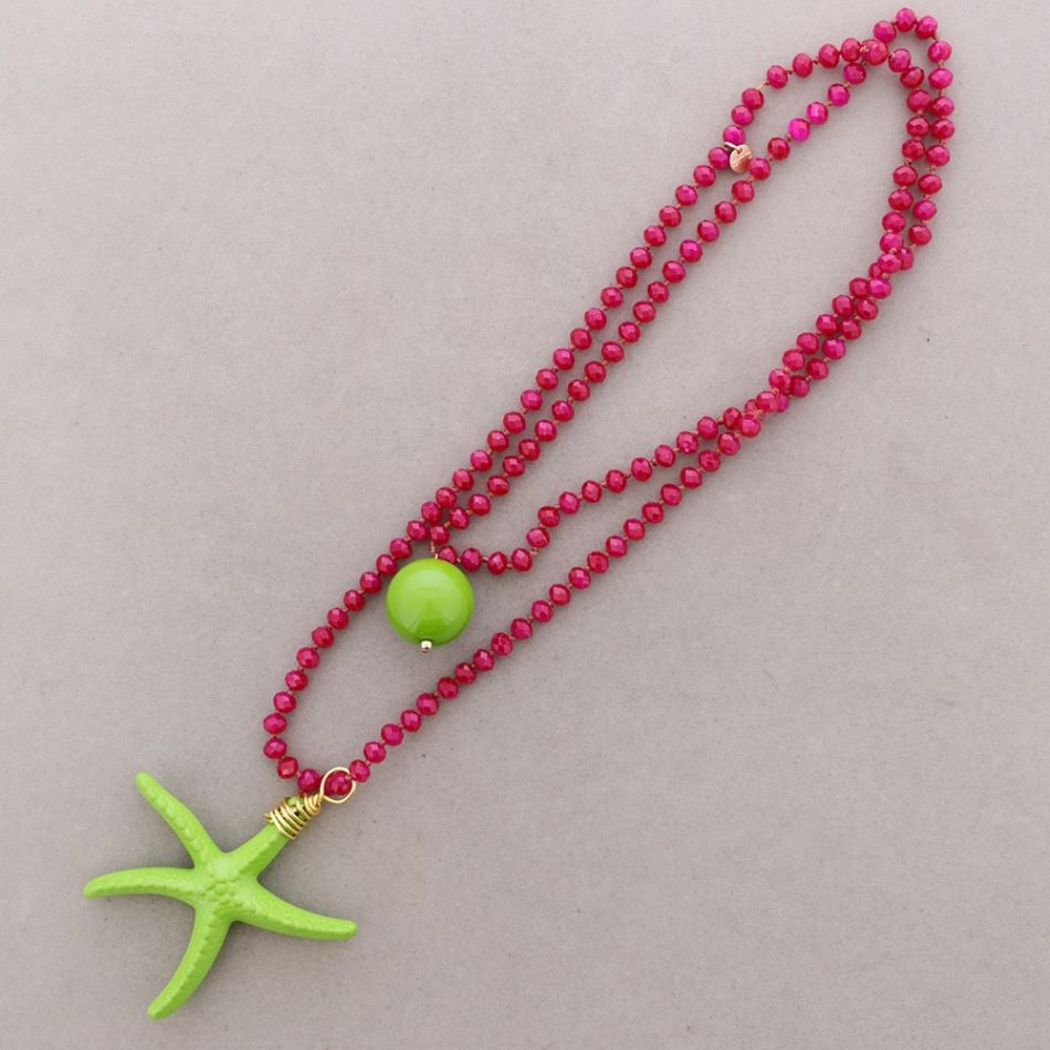 COLLAR LARGO CUENTAS CRISTALES FACETADOS COLGANTE ESTRELLA DEL MAR RESINA 8MM 120CM
