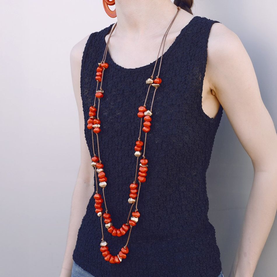 LONG DOUBLE RESIN METAL BEAD NECKLACE