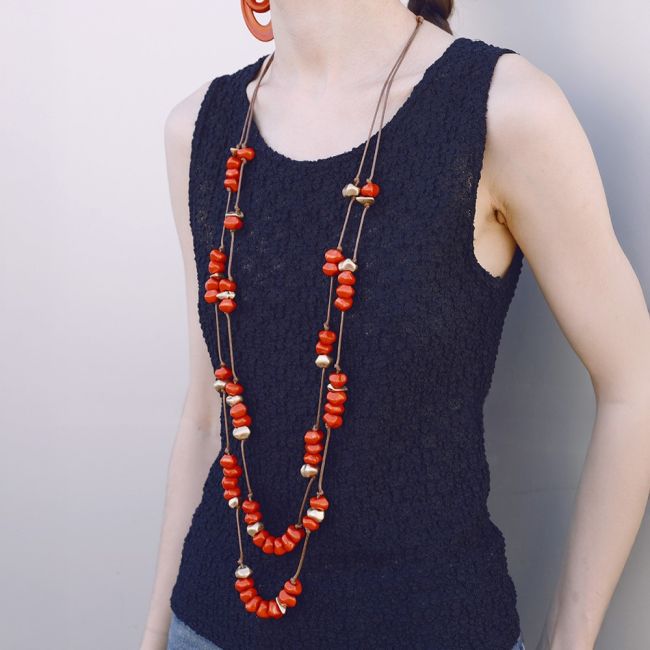 LONG DOUBLE RESIN METAL BEAD NECKLACE