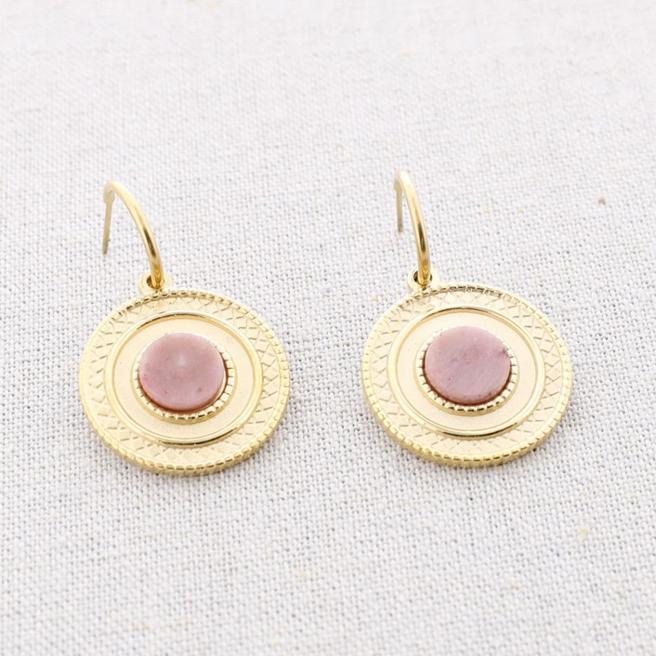 STONE MEDAL PENDANT HOOP STEEL EARRINGS
