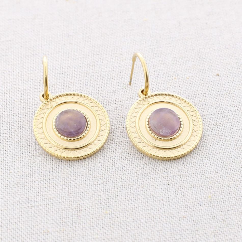 STONE MEDAL PENDANT HOOP STEEL EARRINGS