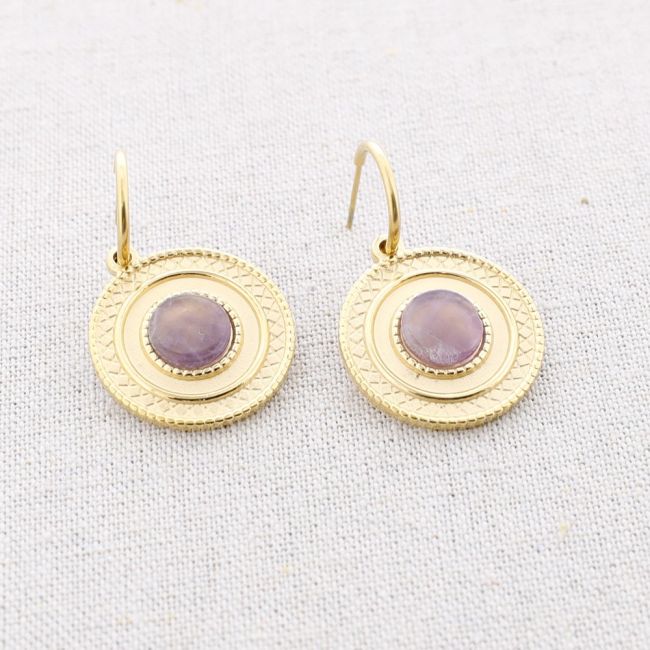 STONE MEDAL PENDANT HOOP STEEL EARRINGS