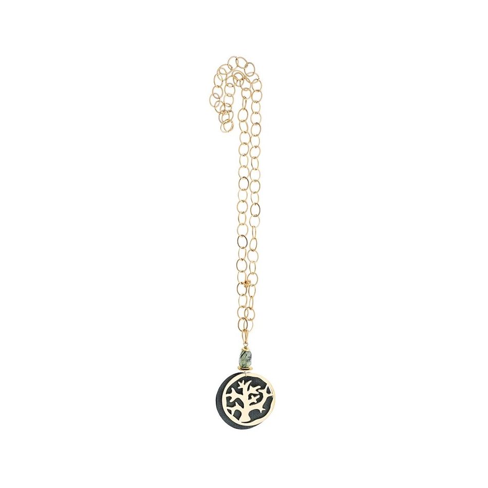 LONG PENDANT CHAIN NECKLACE WITH FRETWORK MEDAL