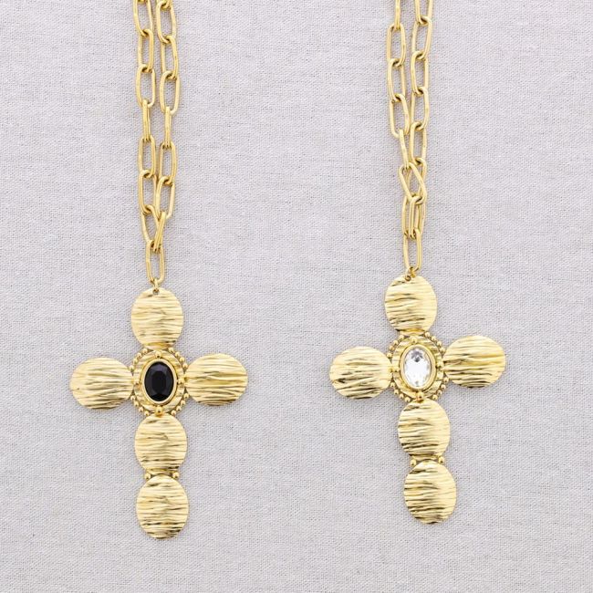 STEEL CHOKER WITH LINK AND CRYSTAL CROSS PENDANT