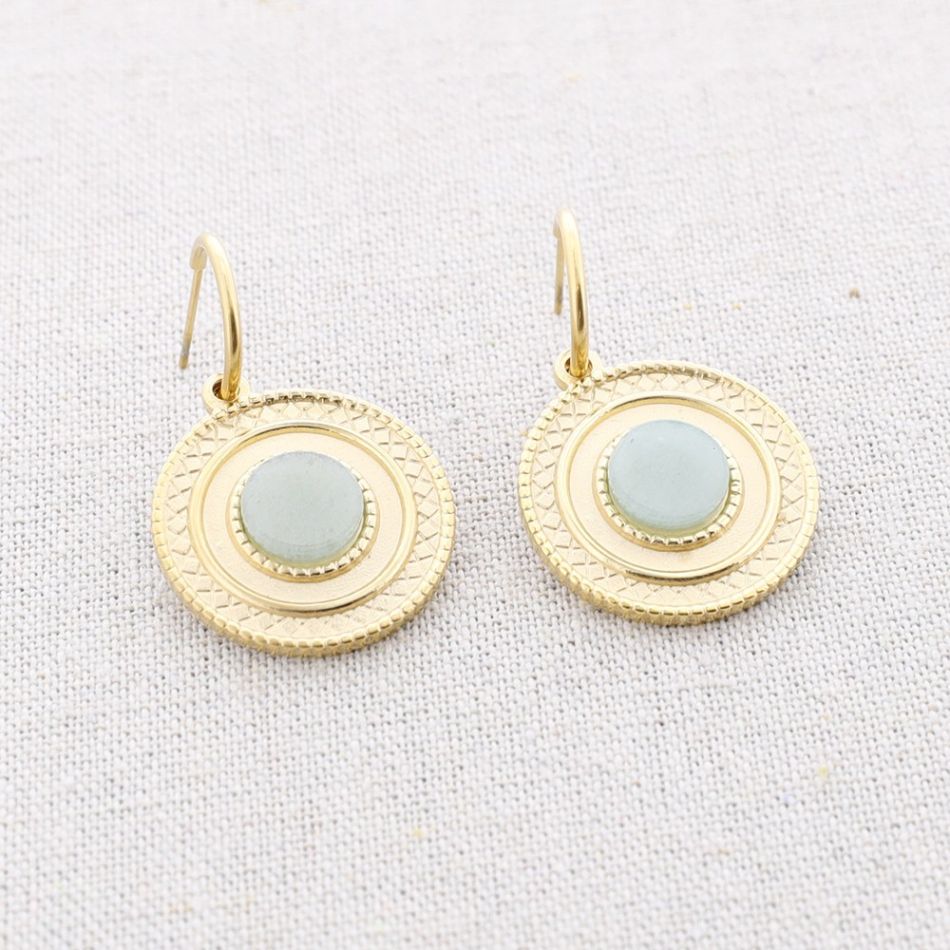 STONE MEDAL PENDANT HOOP STEEL EARRINGS