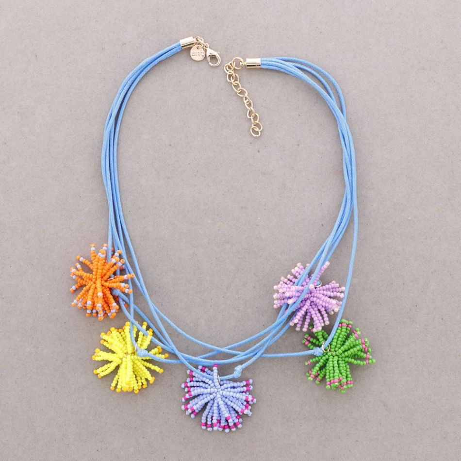 MULTI-STRAP CHOKER WITH POM-POMS AND BEADS