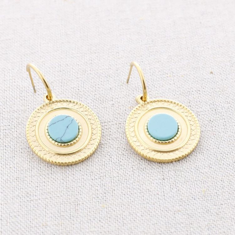 STONE MEDAL PENDANT HOOP STEEL EARRINGS 2